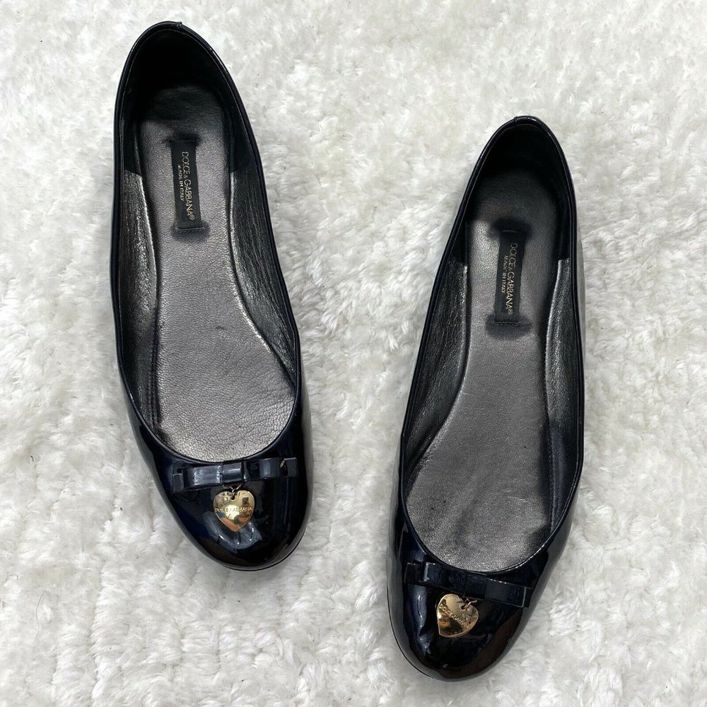 Dolce & Gabbana Black Flats with Gold Heart Detail